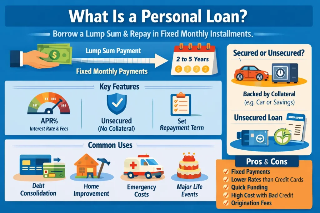 Infographic explaining what a personal loan is, including rates, terms, secured vs unsecured loans, and common uses in the United States.